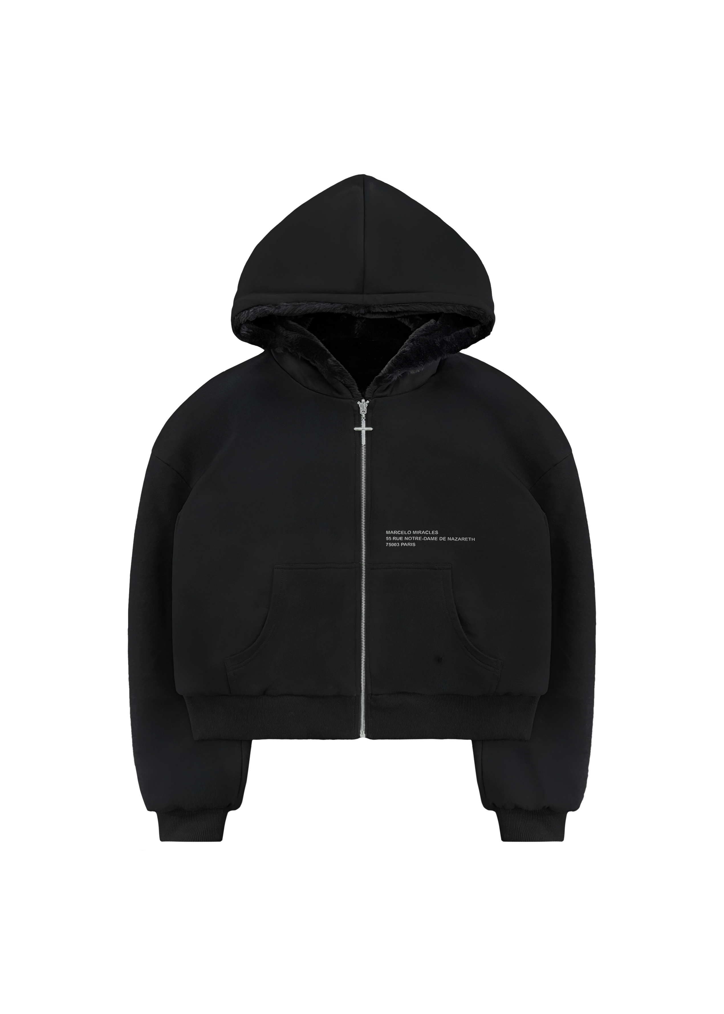 REVERSIBLE FUR ZIP HOODIE in BLACK - MARCELO MIRACLES