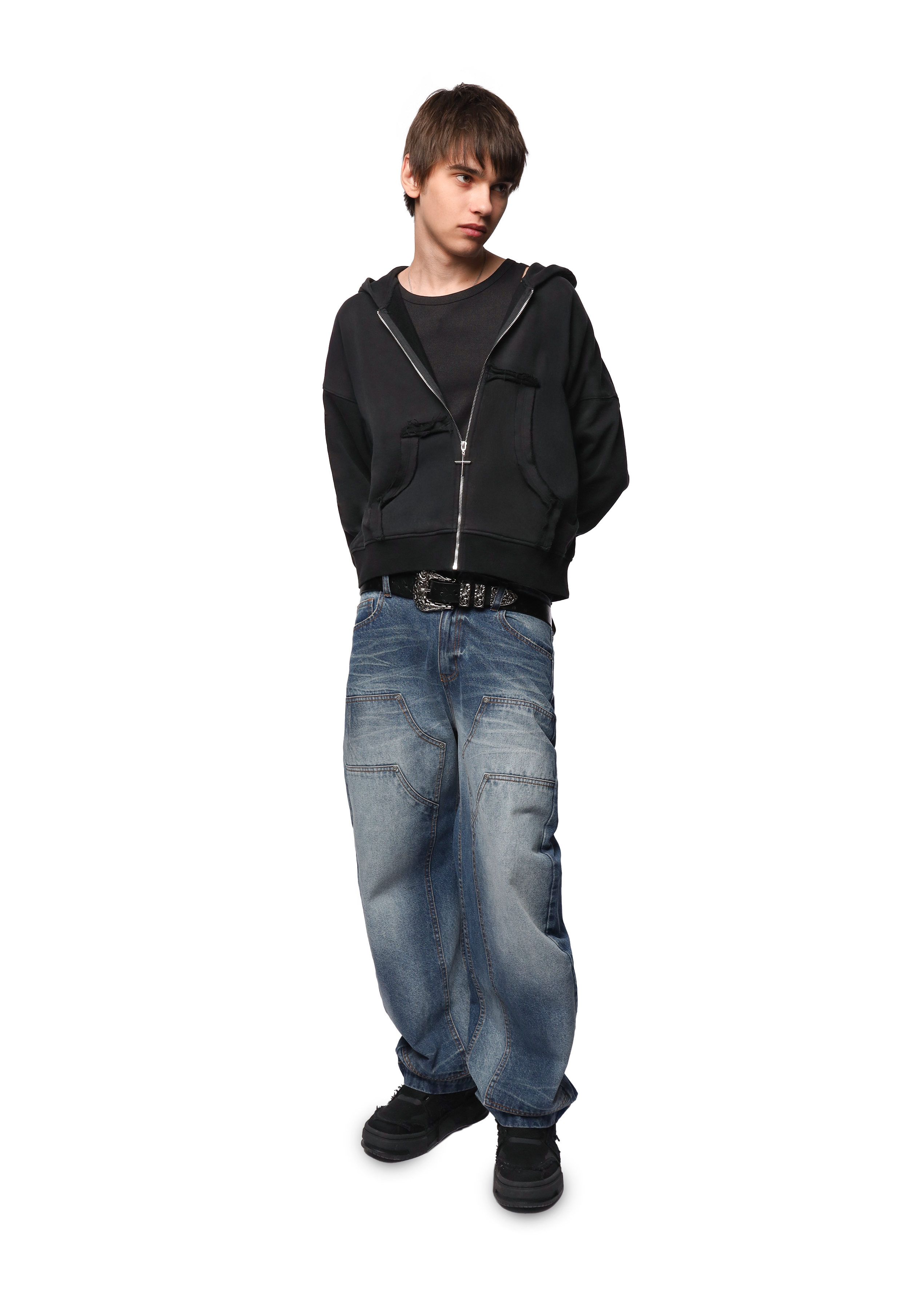 ASYMMETRIC ZIP-HOODIE in WASHED BLACK - MARCELO MIRACLES