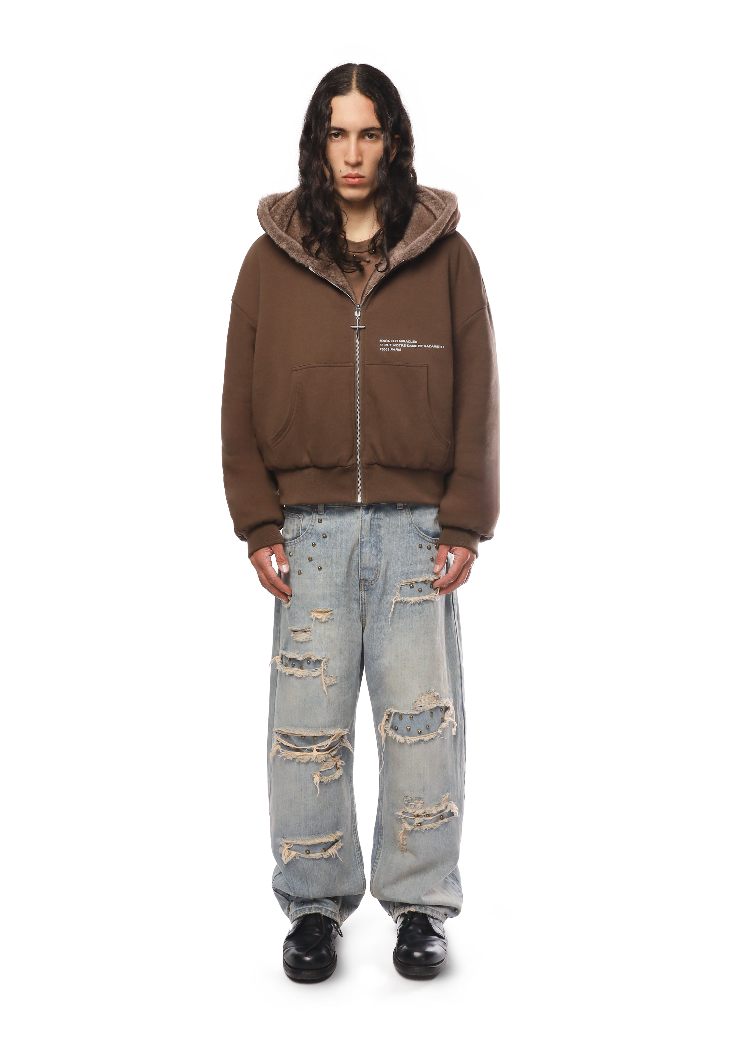 REVERSIBLE FUR ZIP HOODIE in BROWN - MARCELO MIRACLES