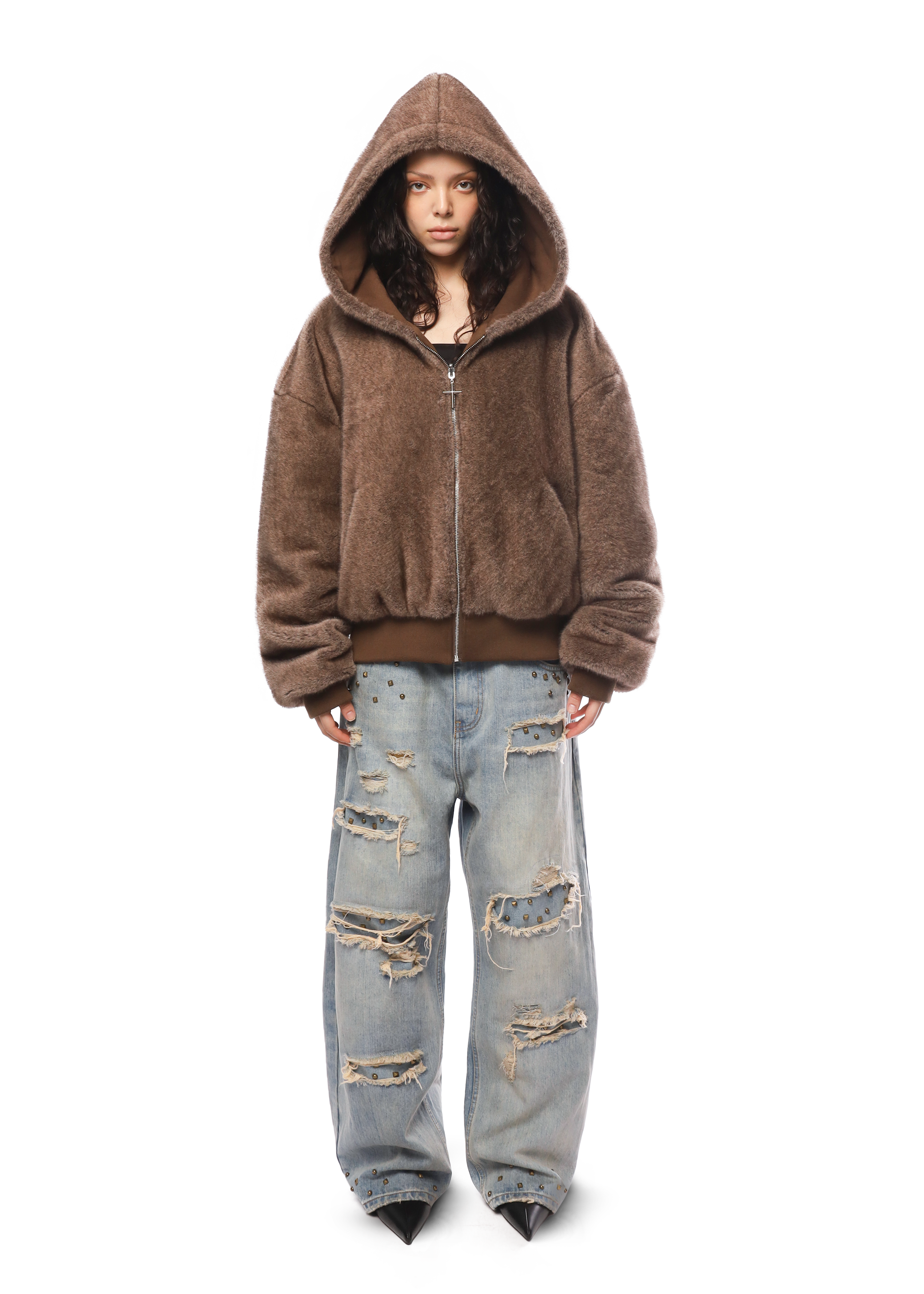 REVERSIBLE FUR ZIP HOODIE in BROWN - MARCELO MIRACLES