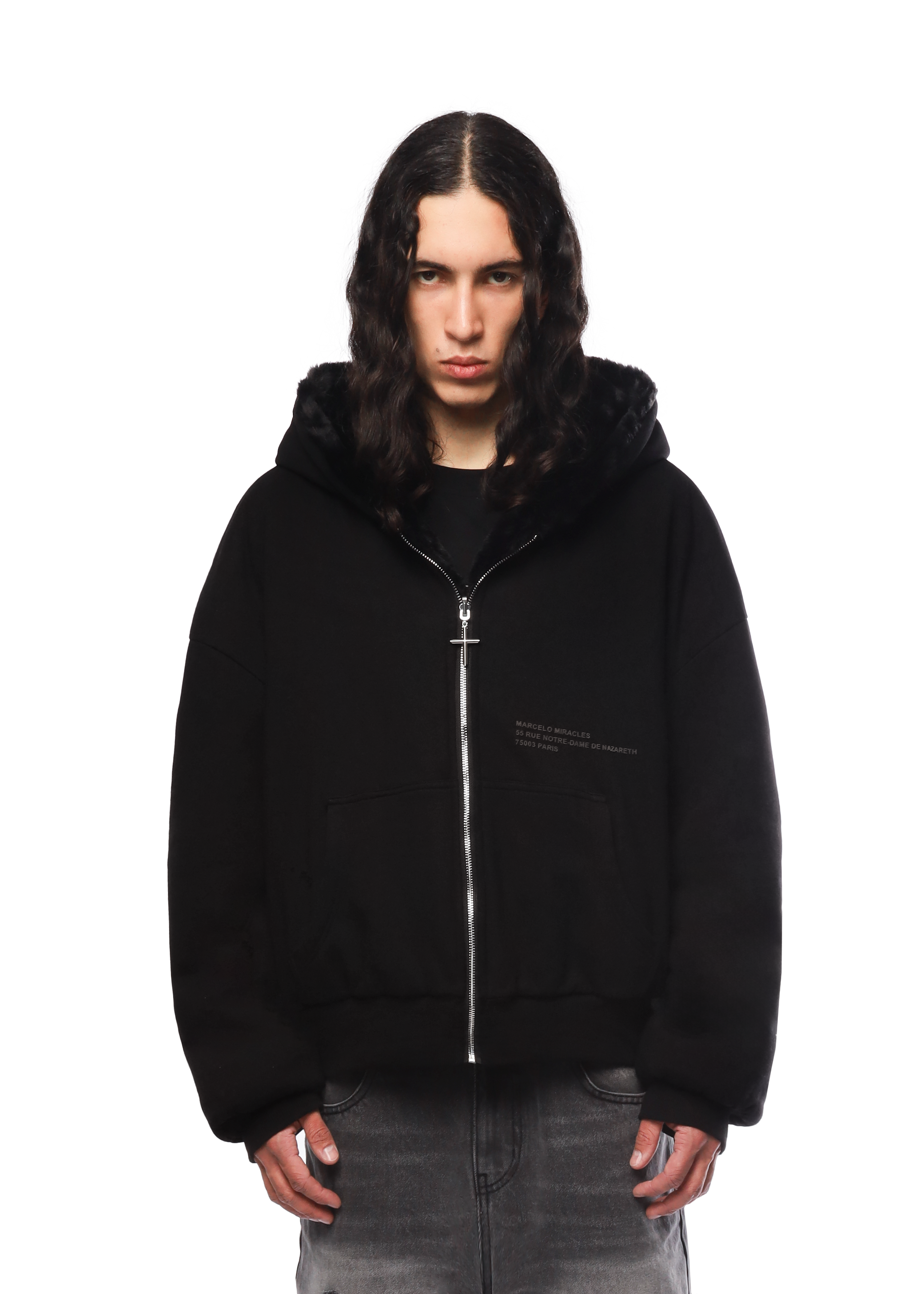 REVERSIBLE FUR ZIP HOODIE in BLACK - MARCELO MIRACLES