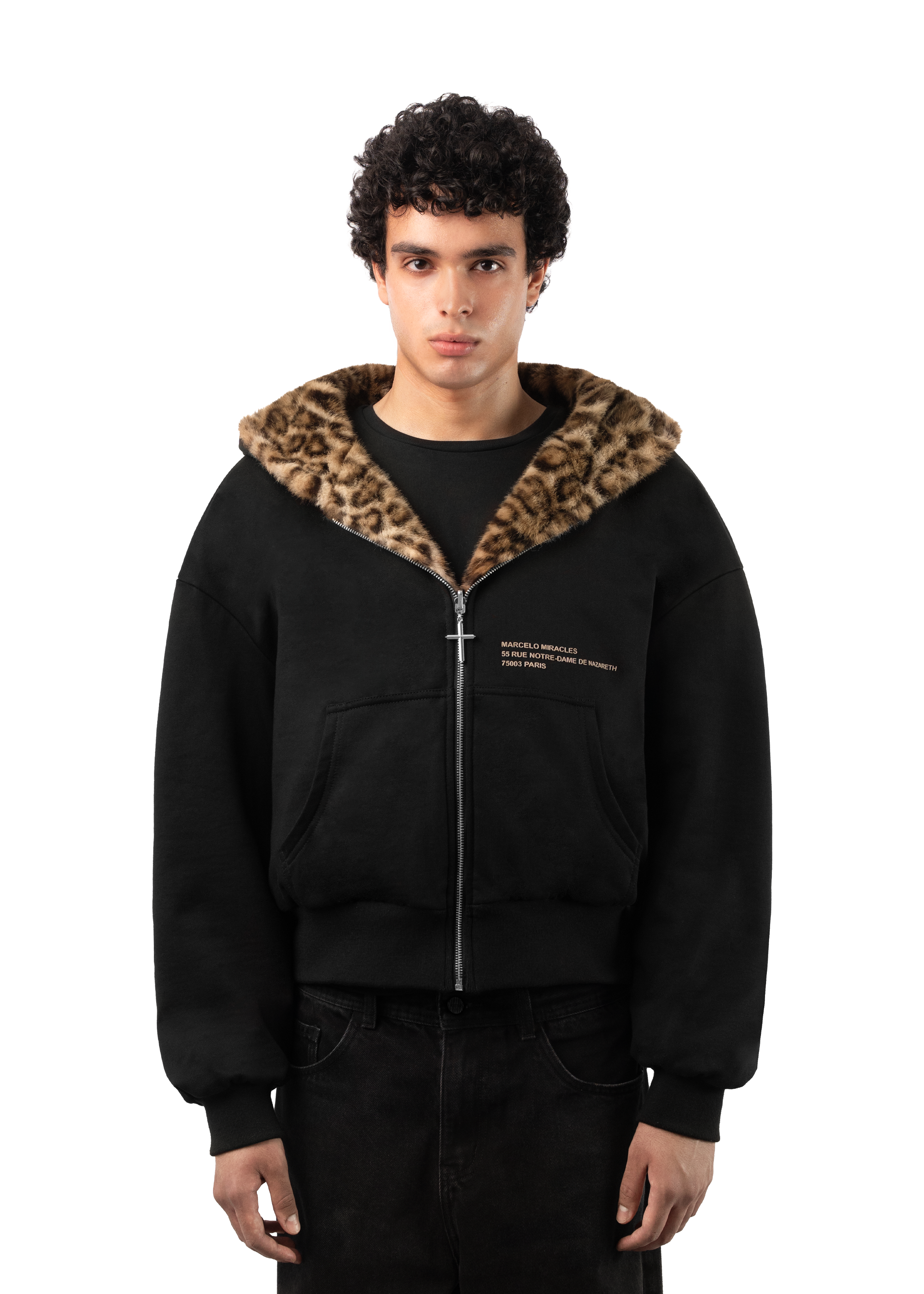 REVERSIBLE FUR ZIP HOODIE in BLACK/BROWN - MARCELO MIRACLES