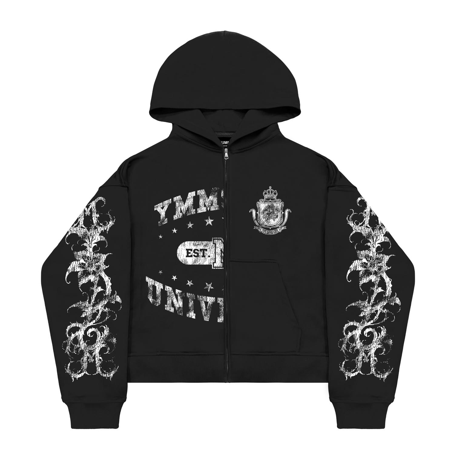 YUMMS COLLEGE SPLIT ZIP HOODIE in BLACK YUMMS STORE